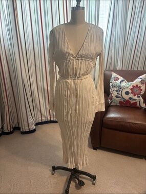 Altuzarra Cream Pleated V-Neck Long Sleeve Midi Dress
